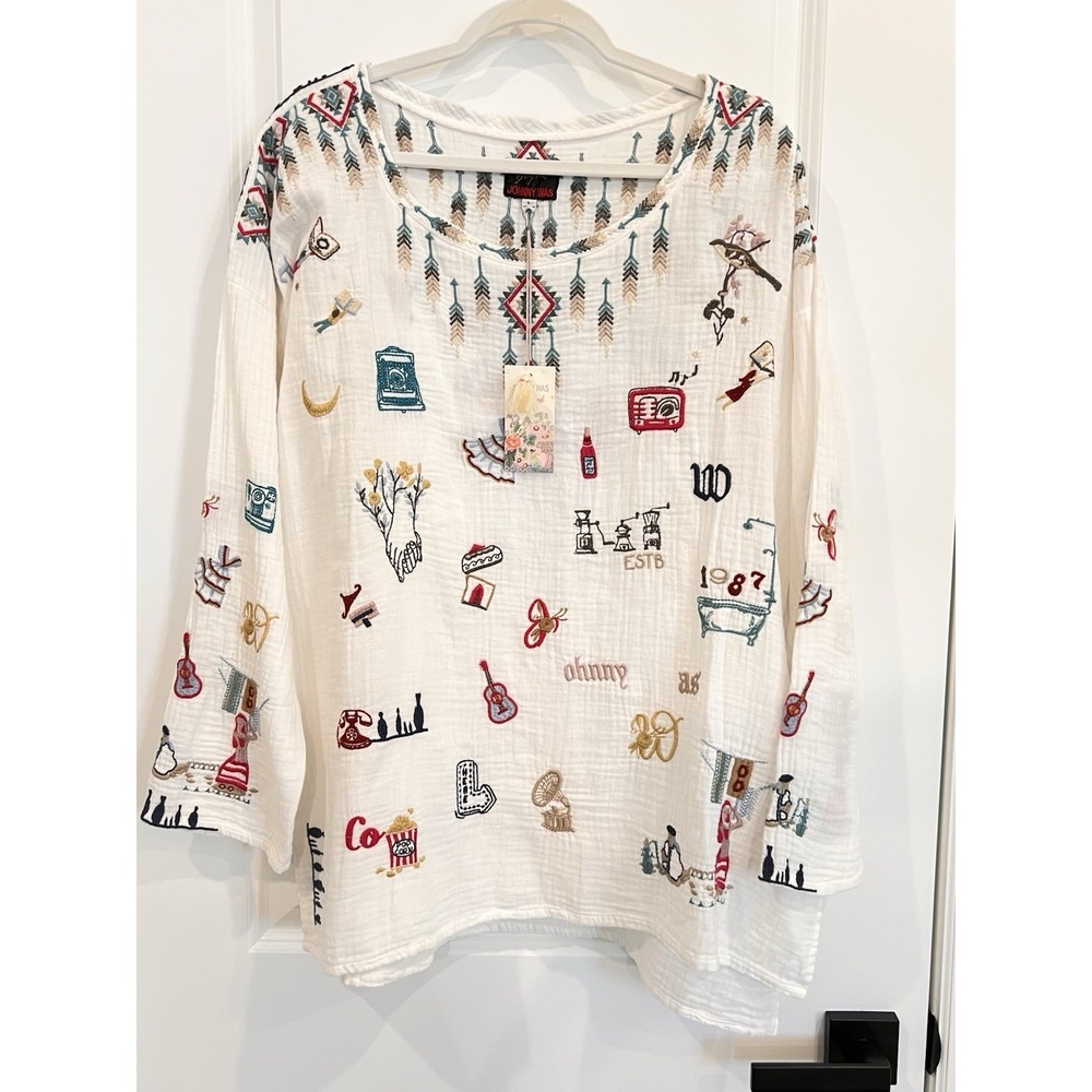 NWT Johnny Was Rondo Blouse Americana Embroidered Top White Size L Biya Tunic